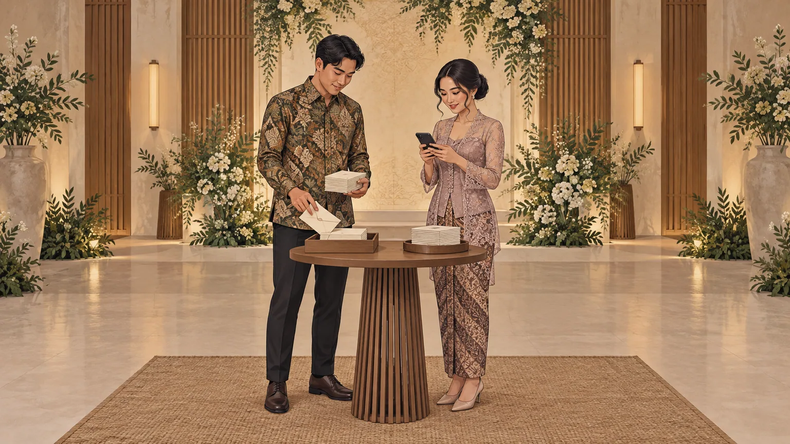 Seorang calon pengantin membandingkan proof undangan cetak dengan dokumen induk di laptop sebelum produksi.