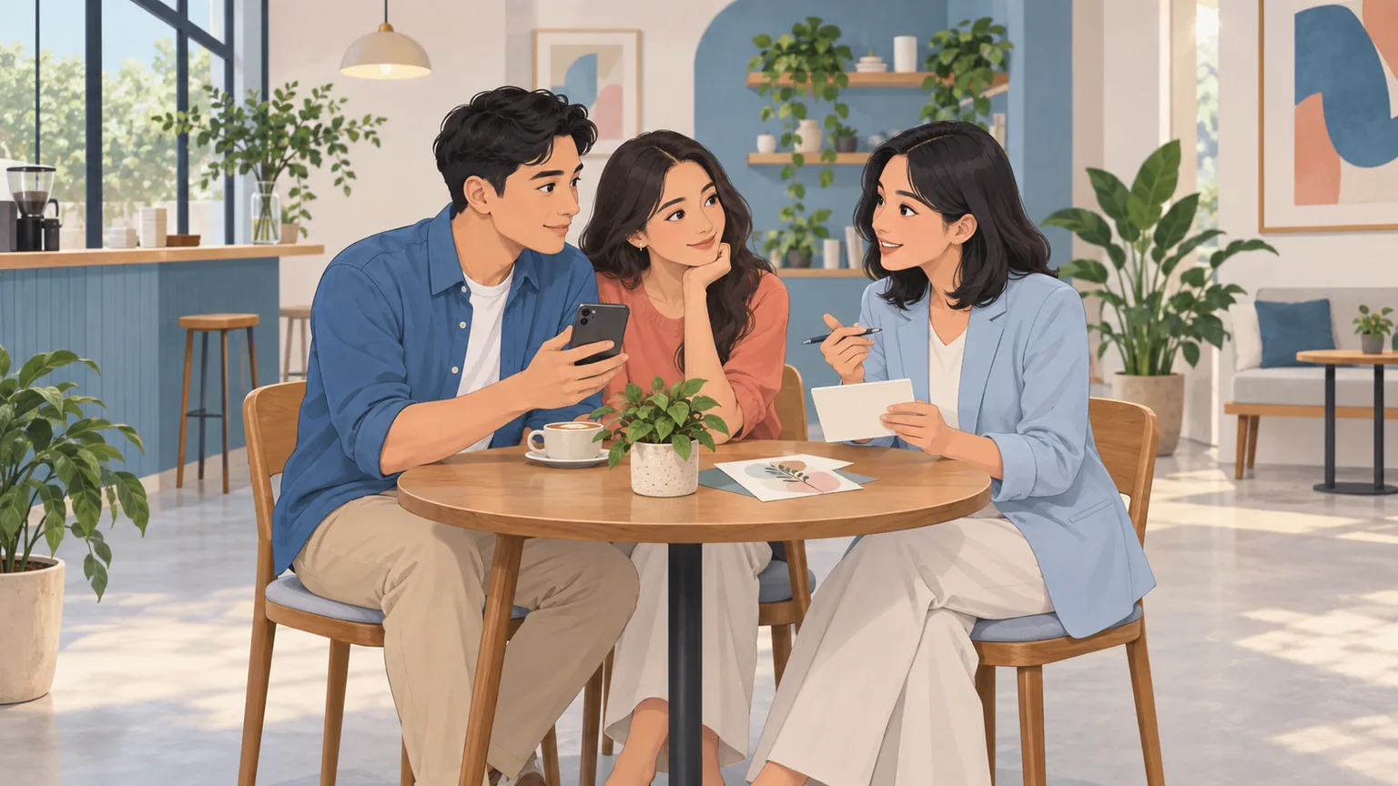 Ilustrasi reseller berbincang dengan calon pengantin sambil mencatat kebutuhan mereka secara sopan dan terarah.