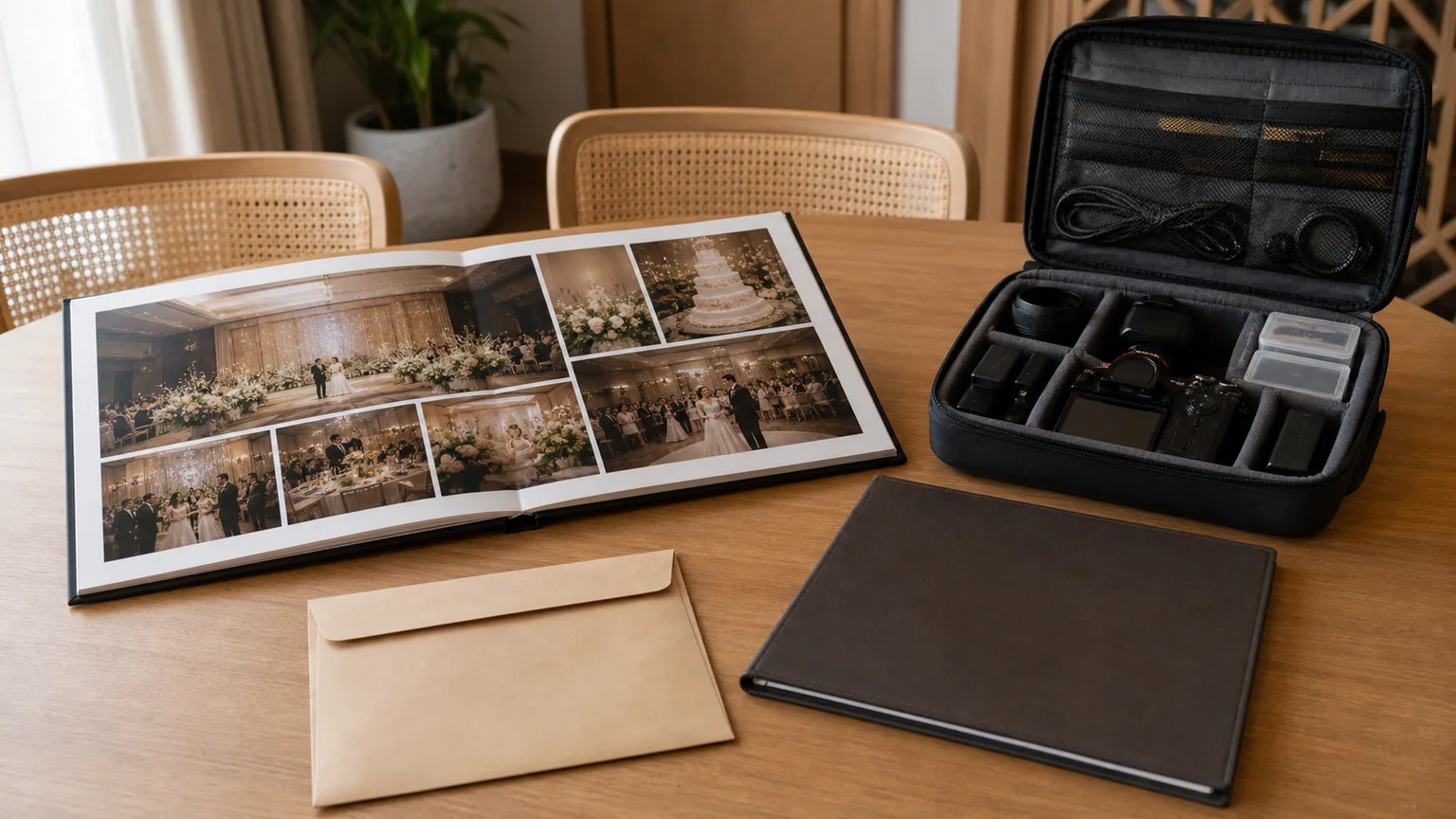 Portofolio acara lengkap, folder kesepakatan, dan perlengkapan cadangan vendor fotografi diperiksa di meja.