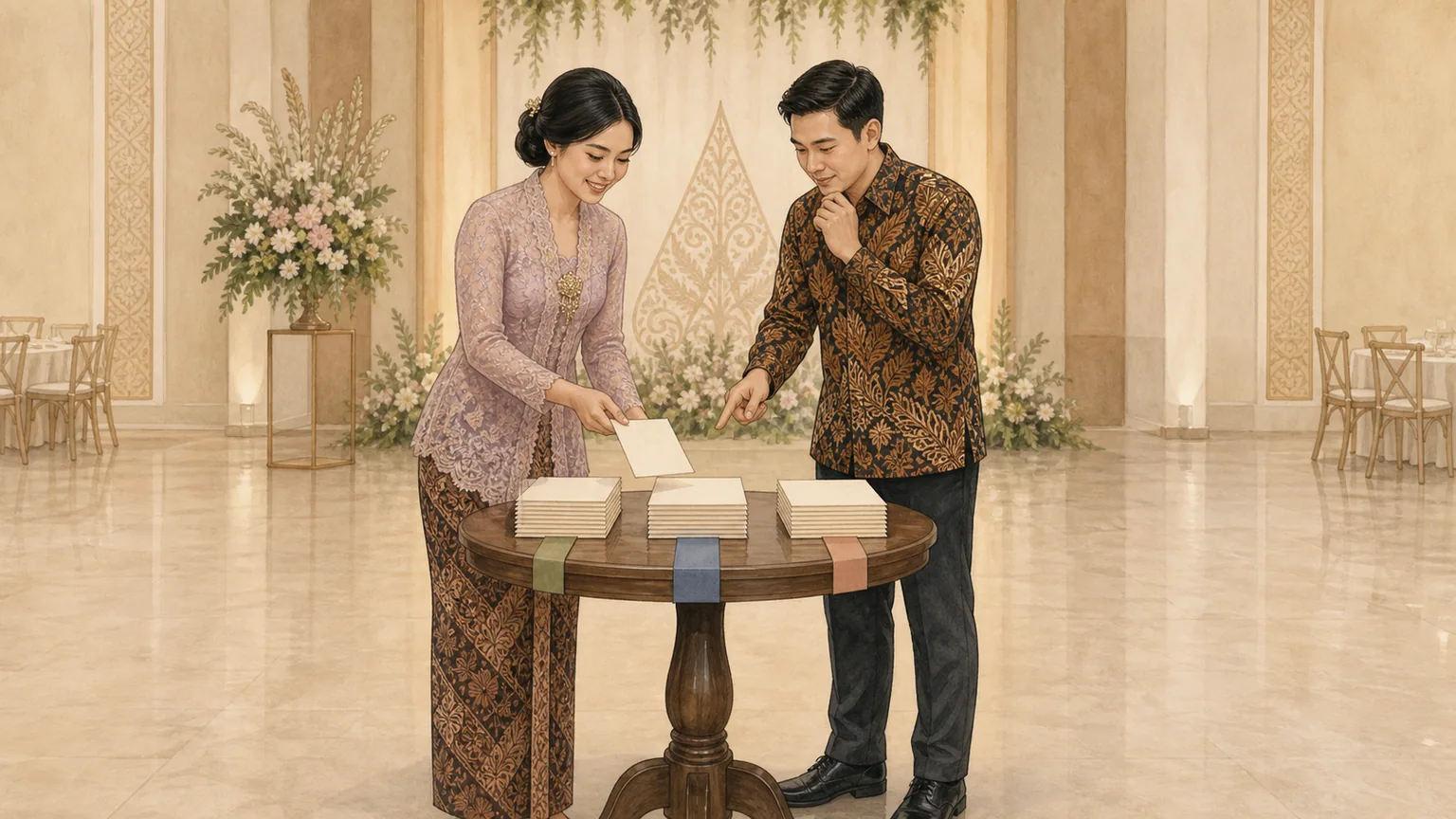 Ilustrasi pasangan memindahkan satu kartu tamu dari tempat tunggu ke ruang kosong dalam organizer utama.