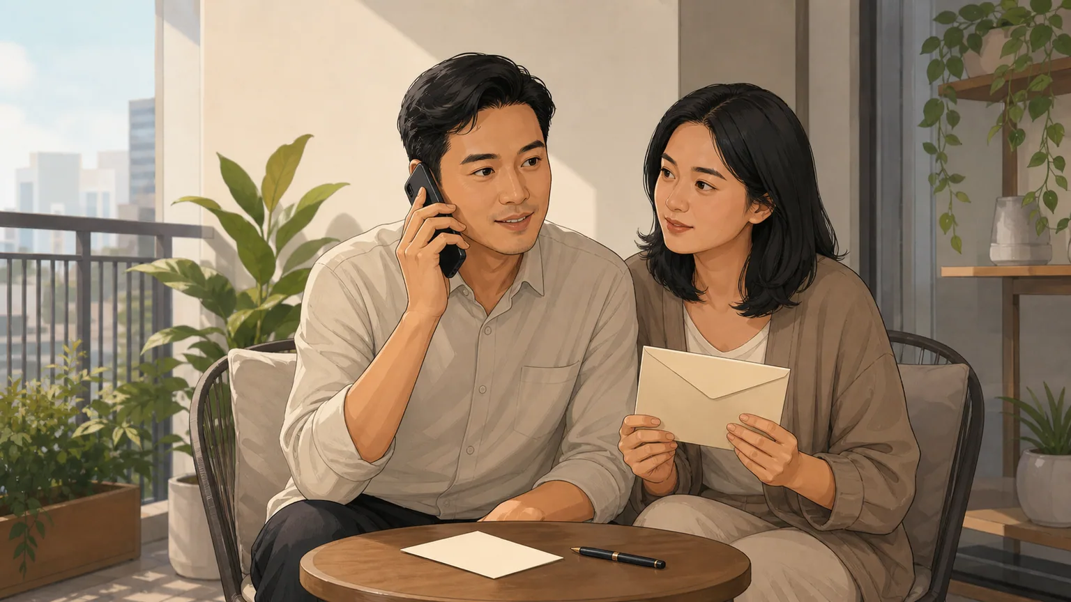 Seseorang menelepon tamu untuk memverifikasi sapaan dan cakupan undangan, ditemani pasangannya yang memegang amplop kosong.