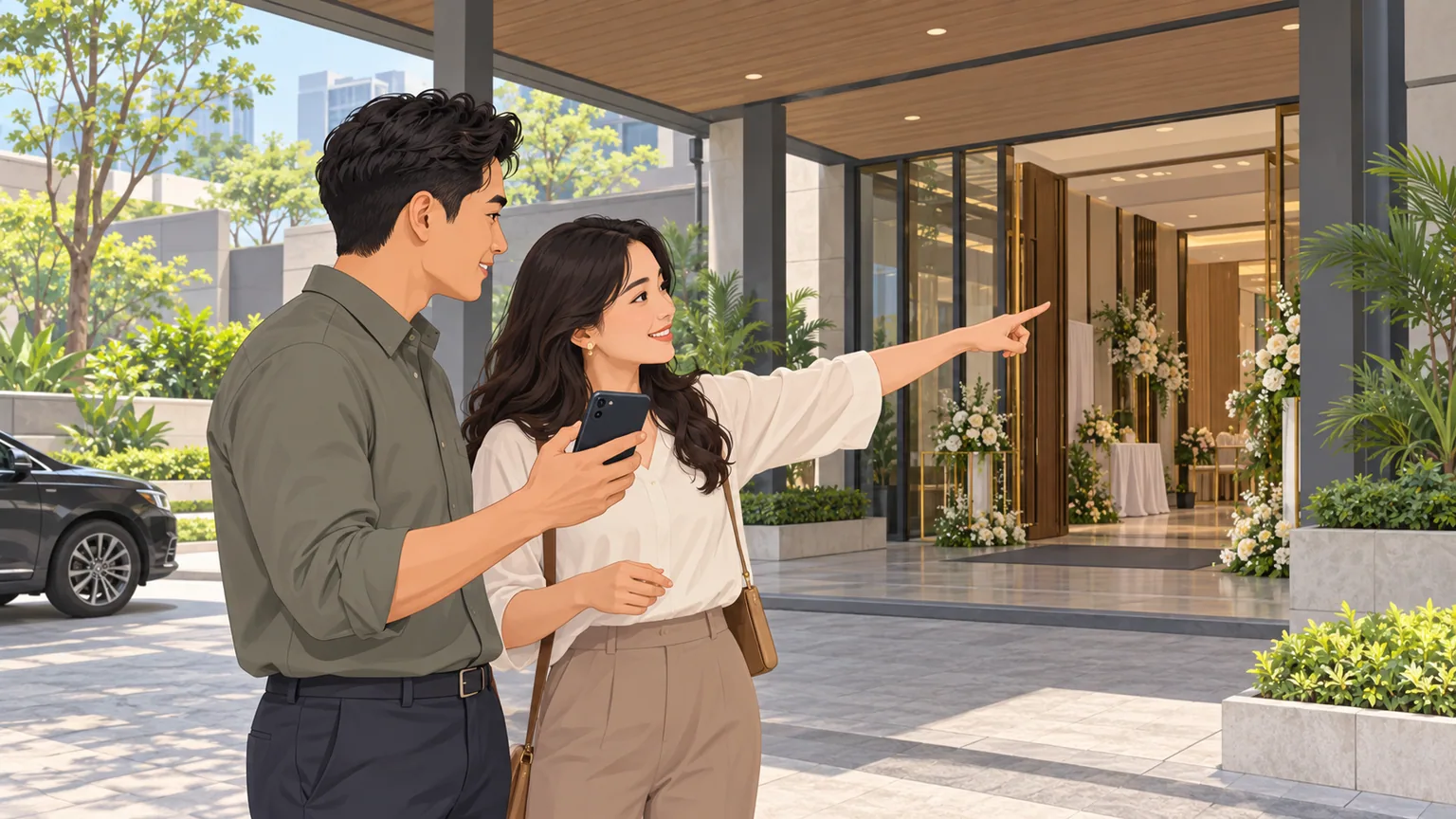 Pasangan memeriksa lokasi di ponsel sambil memastikan pintu masuk gedung pernikahan yang tepat sebelum undangan dikirim.
