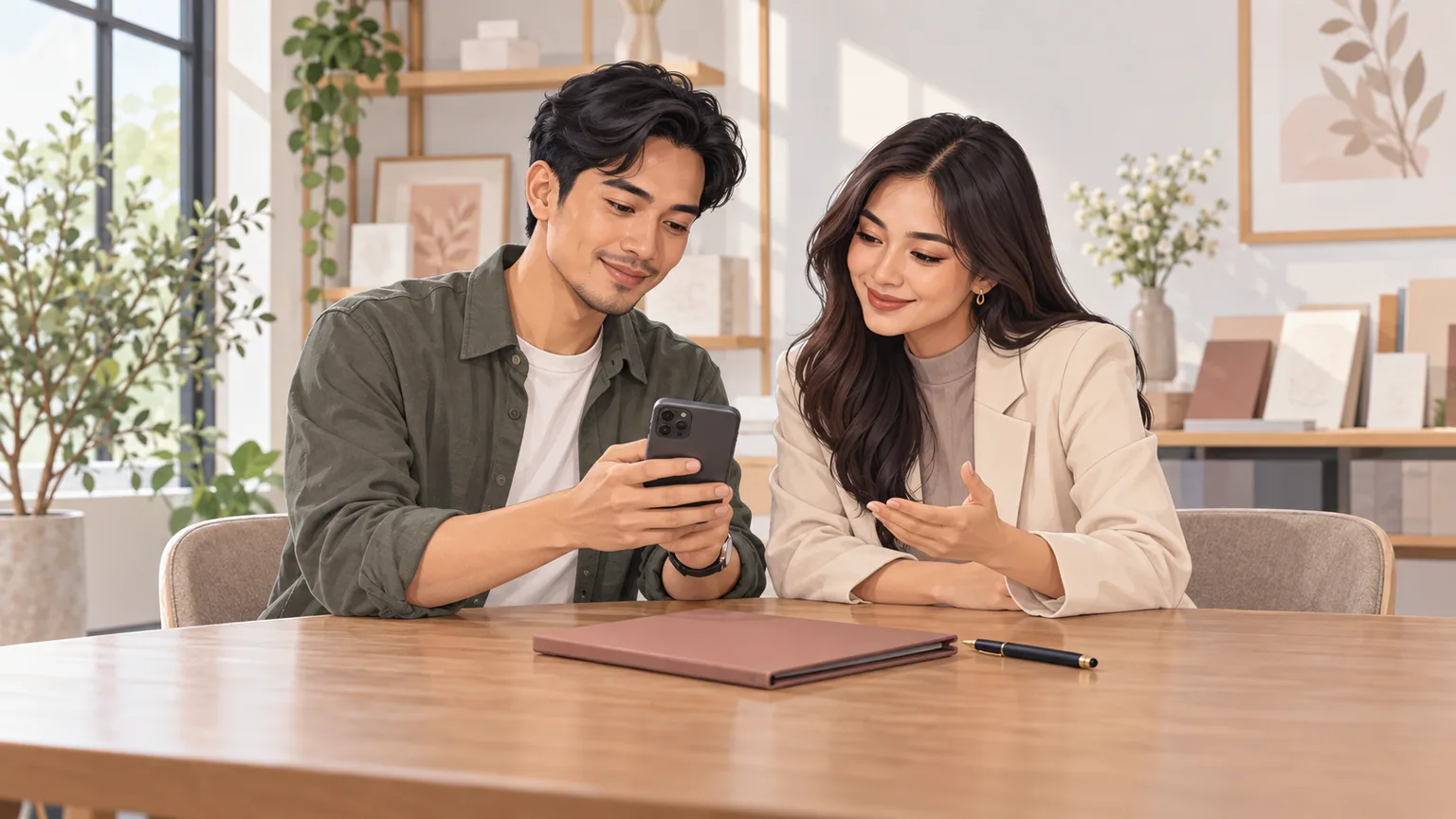 Reseller dan perwakilan klien meninjau versi final undangan di ponsel sebelum klien memberi persetujuan.
