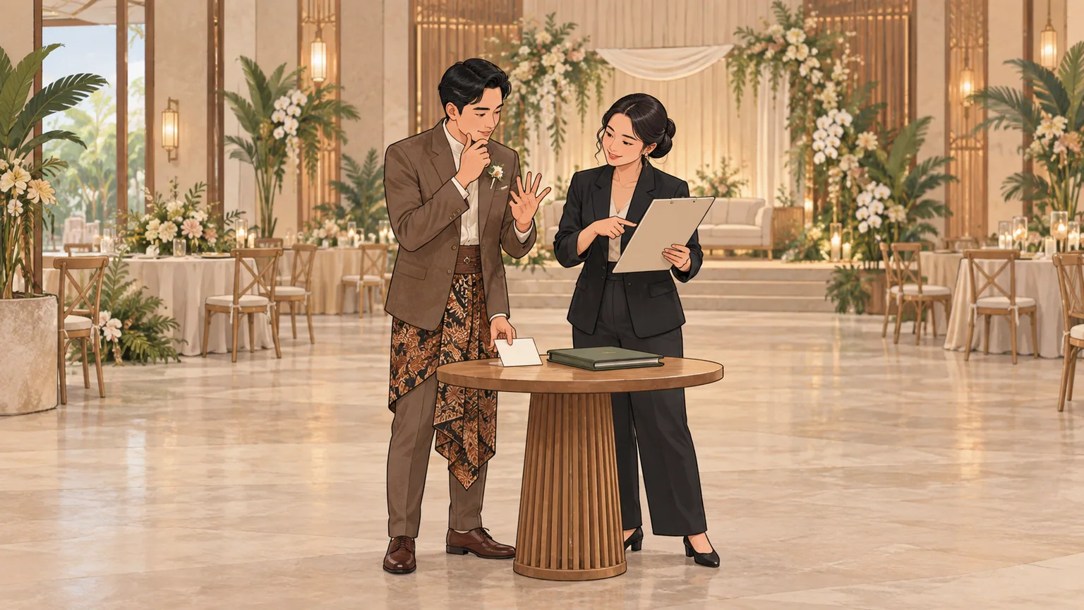 Calon pengantin menggeser penanda RSVP lebih awal dari tenggat vendor pada garis waktu kertas.