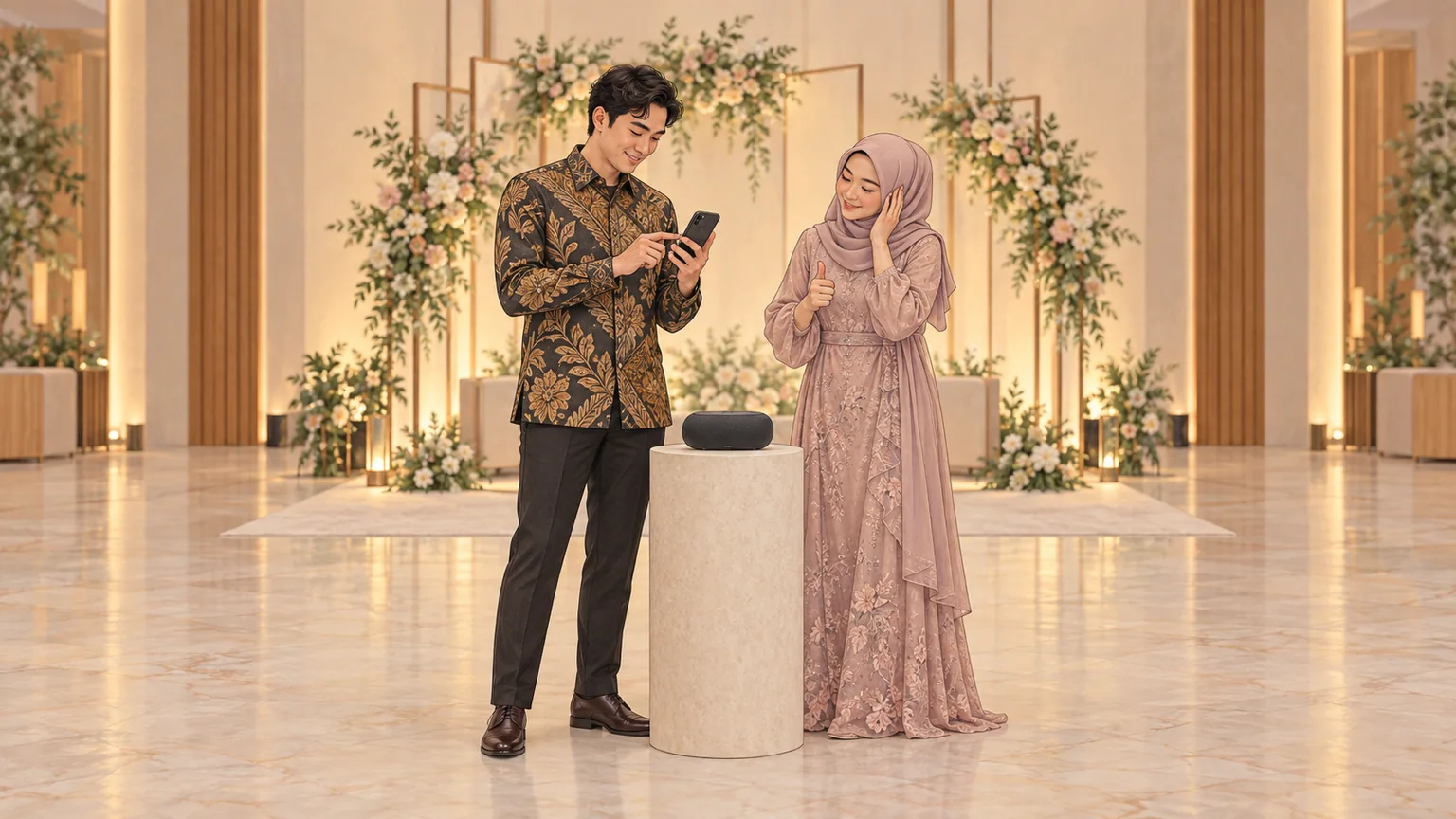 Ilustrasi pasangan menguji musik undangan digital pada ponsel dan laptop sebelum tautan dibagikan kepada tamu.