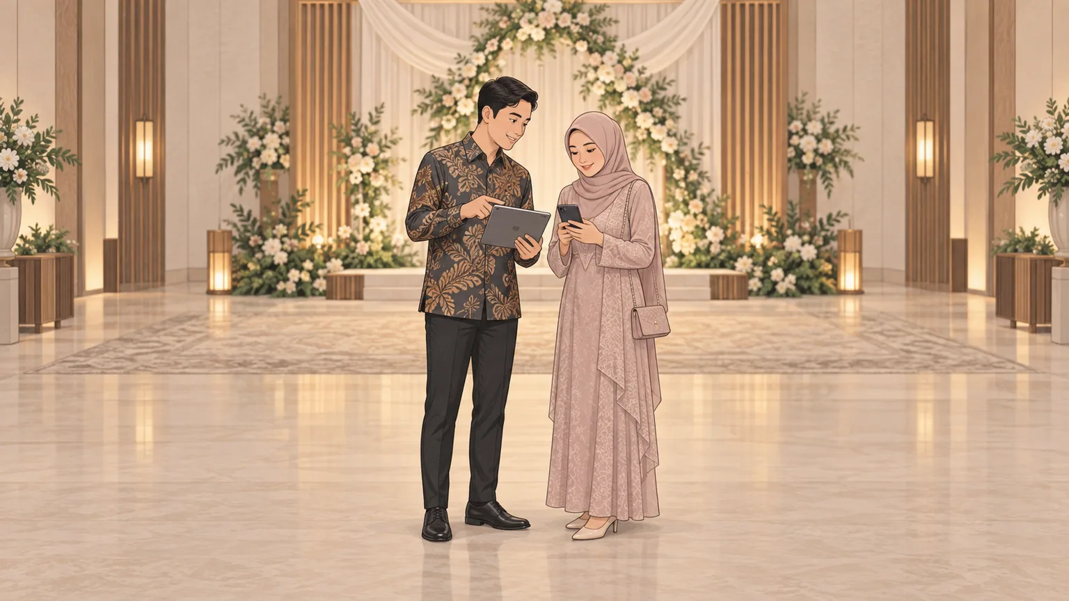 Klien menyetujui ringkasan data pesanan pada tablet bersama reseller setelah pemeriksaan akhir.