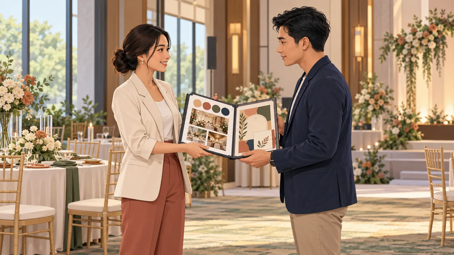Wedding organizer menyerahkan map brief proyek pilot kepada reseller undangan digital di ruang persiapan resepsi.