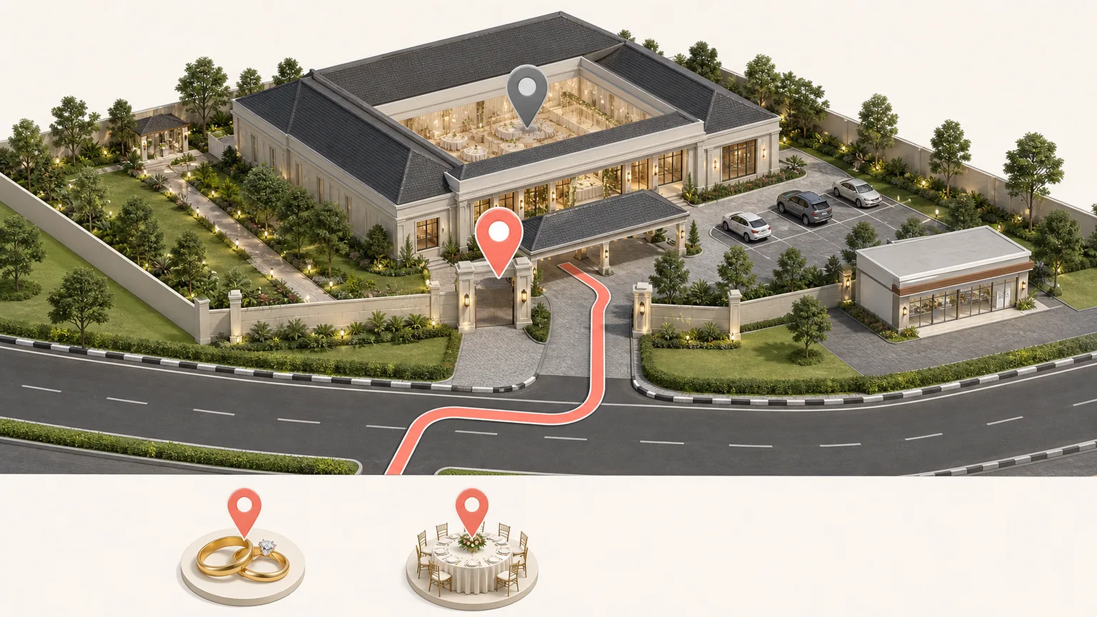 Ilustrasi venue dari atas yang membedakan pin di tengah gedung dan pin tepat di gerbang masuk tamu.