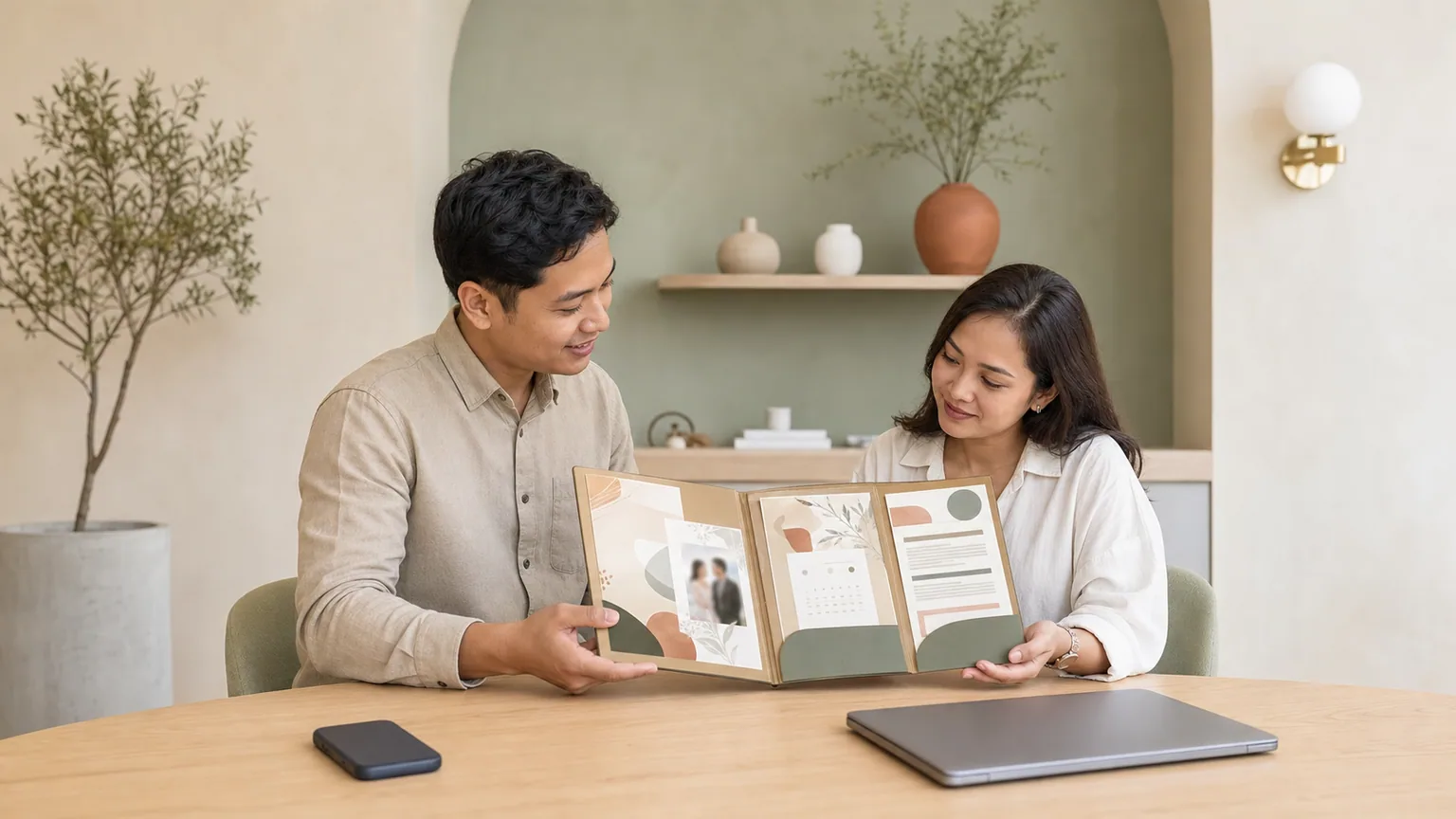 Reseller dan klien meninjau satu folder cakupan layanan berisi sampel undangan, materi klien, jadwal, dan lembar revisi.