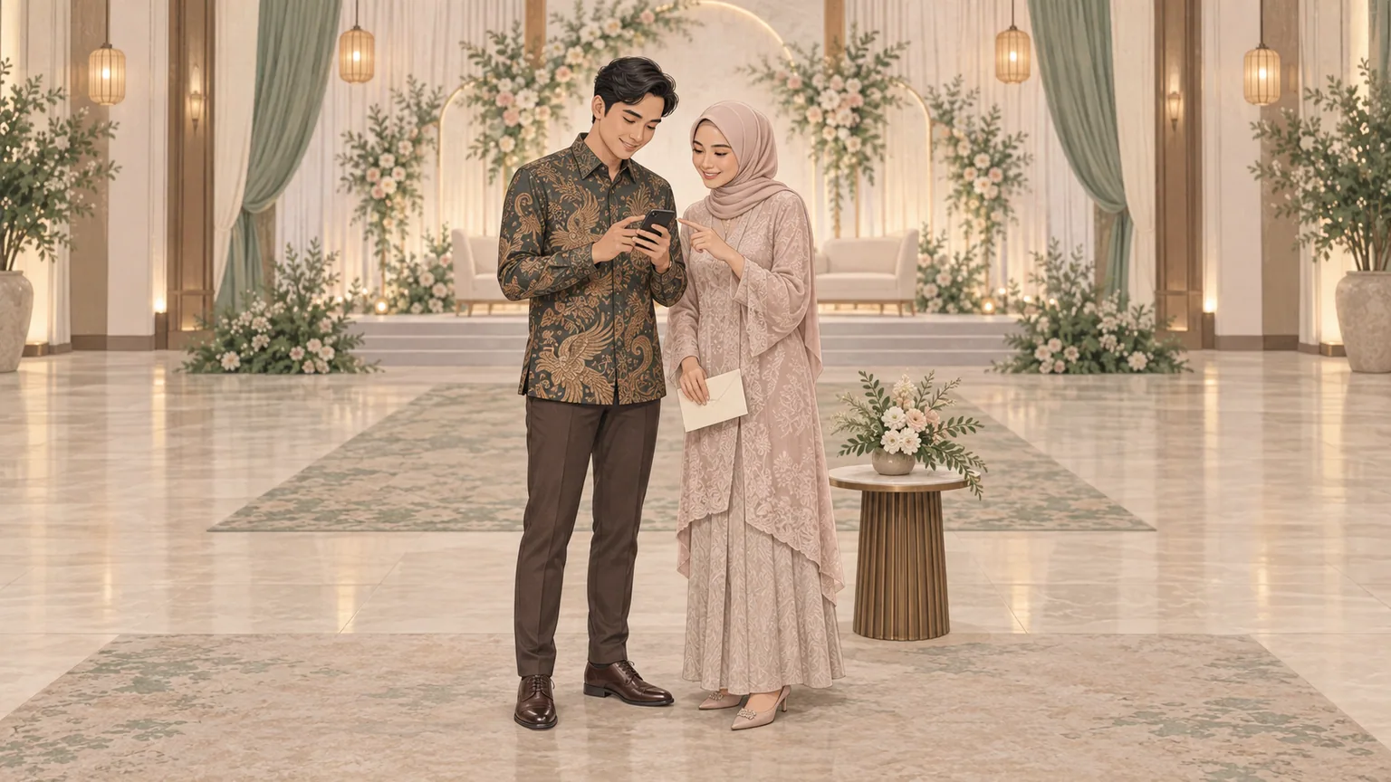 Seorang tamu mengetuk kontrol besar pada undangan digital untuk membuka ikon waktu, tanggal, dan lokasi acara.