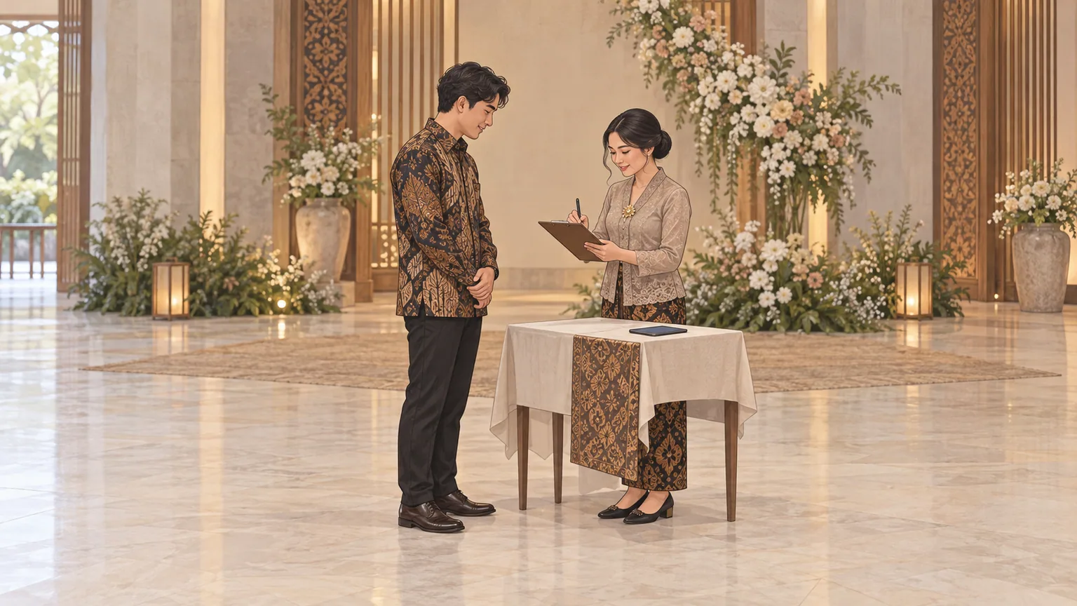 Petugas pengarah mengantar tamu yang mengalami kendala ponsel ke meja bantuan terpisah dari jalur check-in utama.