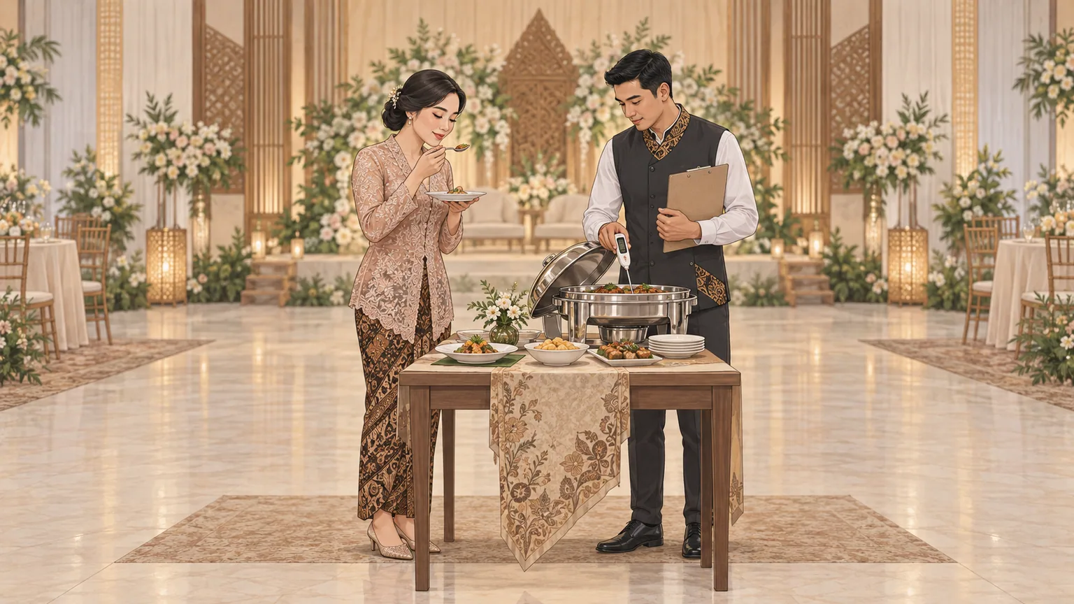 Ilustrasi tangan memberi tanda pada lembar penilaian sederhana di samping satu piring sampel katering.