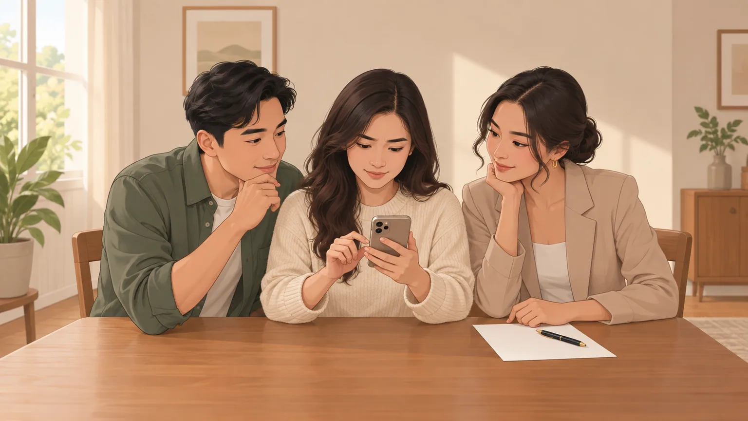 Seorang calon tamu menguji undangan digital di ponsel sementara pasangan mengamati kemudahan penggunaannya.