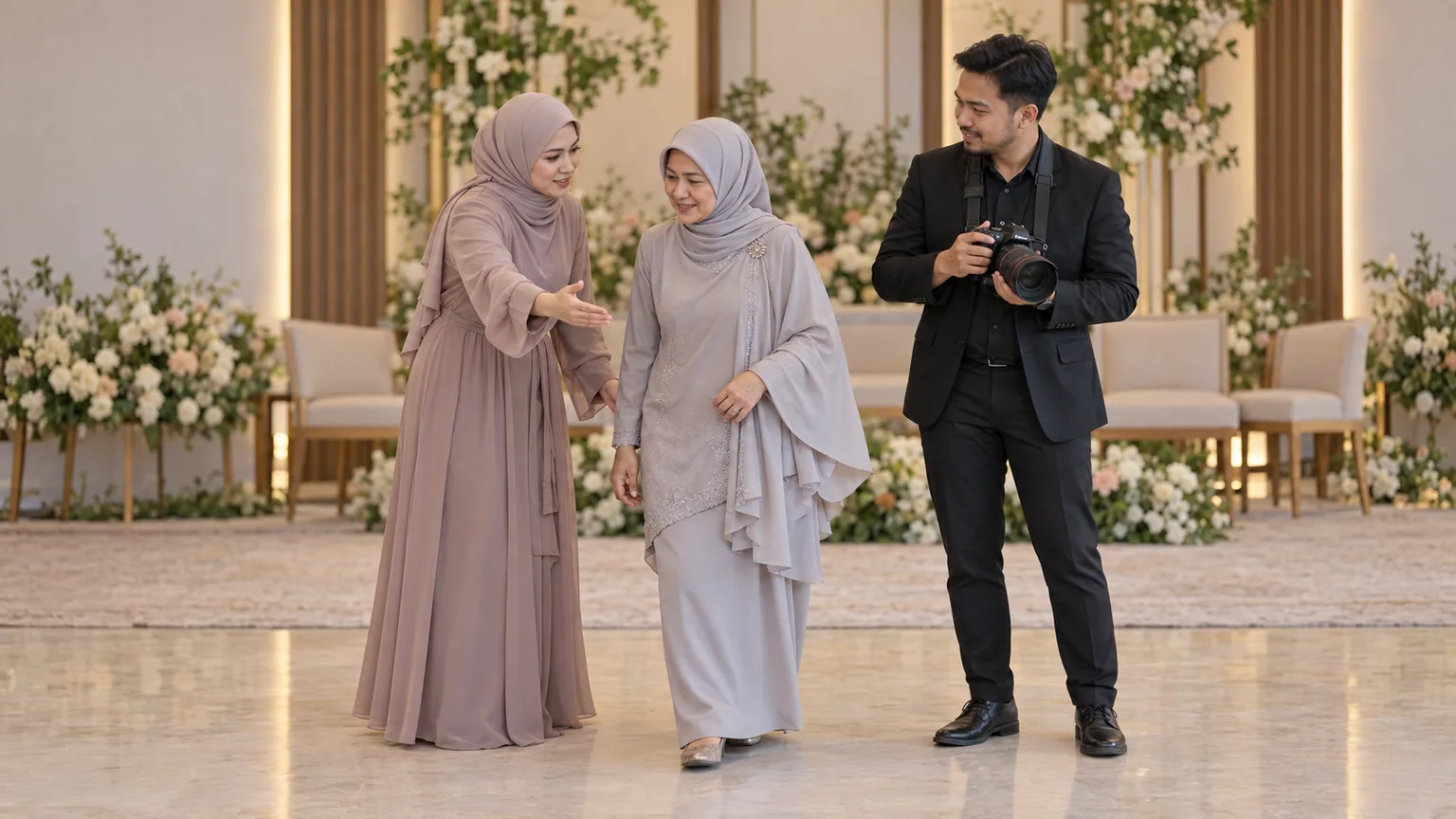 Seorang PIC keluarga mengarahkan kerabat lansia ke posisi foto sementara fotografer bersiap mengambil gambar.
