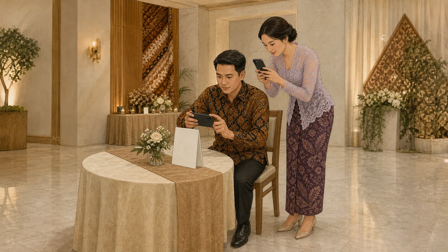 Seorang tamu mengarahkan ponsel ke kartu meja untuk mengumpulkan hasil tantangan foto resepsi.