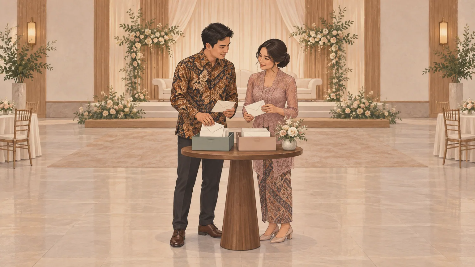 Pasangan mengirim undangan berikutnya setelah satu tempat tersedia, dengan layar ponsel membelakangi penonton.