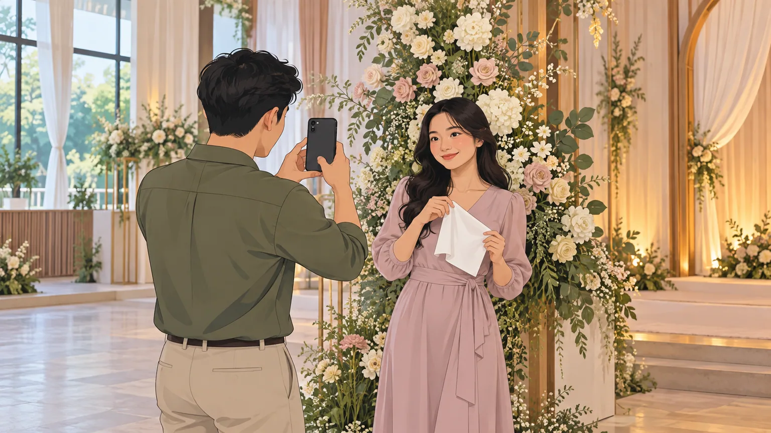 Seseorang memotret pasangannya di venue untuk menguji warna kulit, kain putih, bunga, bayangan, dan cahaya campuran.